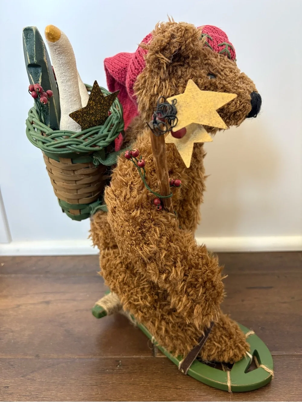 Vintage 2001 Tender Heart Treasures Christmas Teddy Bear Snowshoes Basket Rustic
